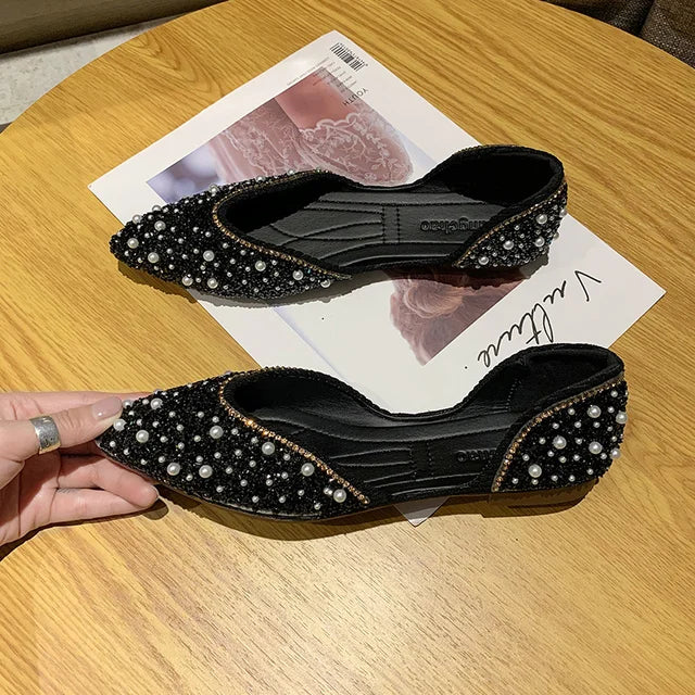 Sparkling Green Pointed Toe Flats with Rhinestones and Crystals - Women's Summer Pearl Footwear