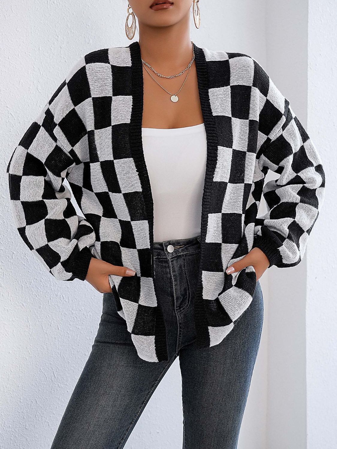 Plaid Open Front Long Sleeve Sweater Cardigan for Women