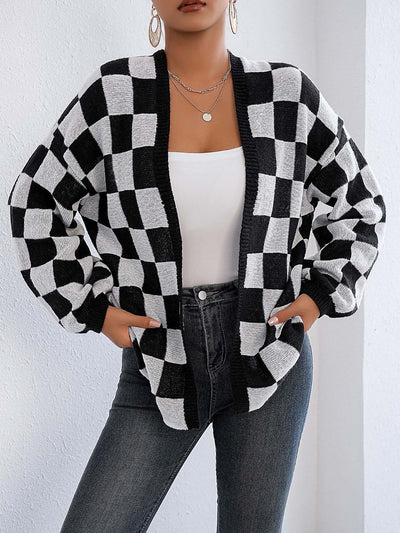 Plaid Open Front Long Sleeve Sweater Cardigan for Women