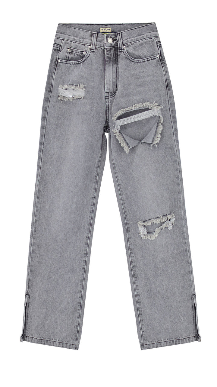 Chic Women's High Waist Sand Gray Flared Denim Trousers with Ripped Details and Foot Slit