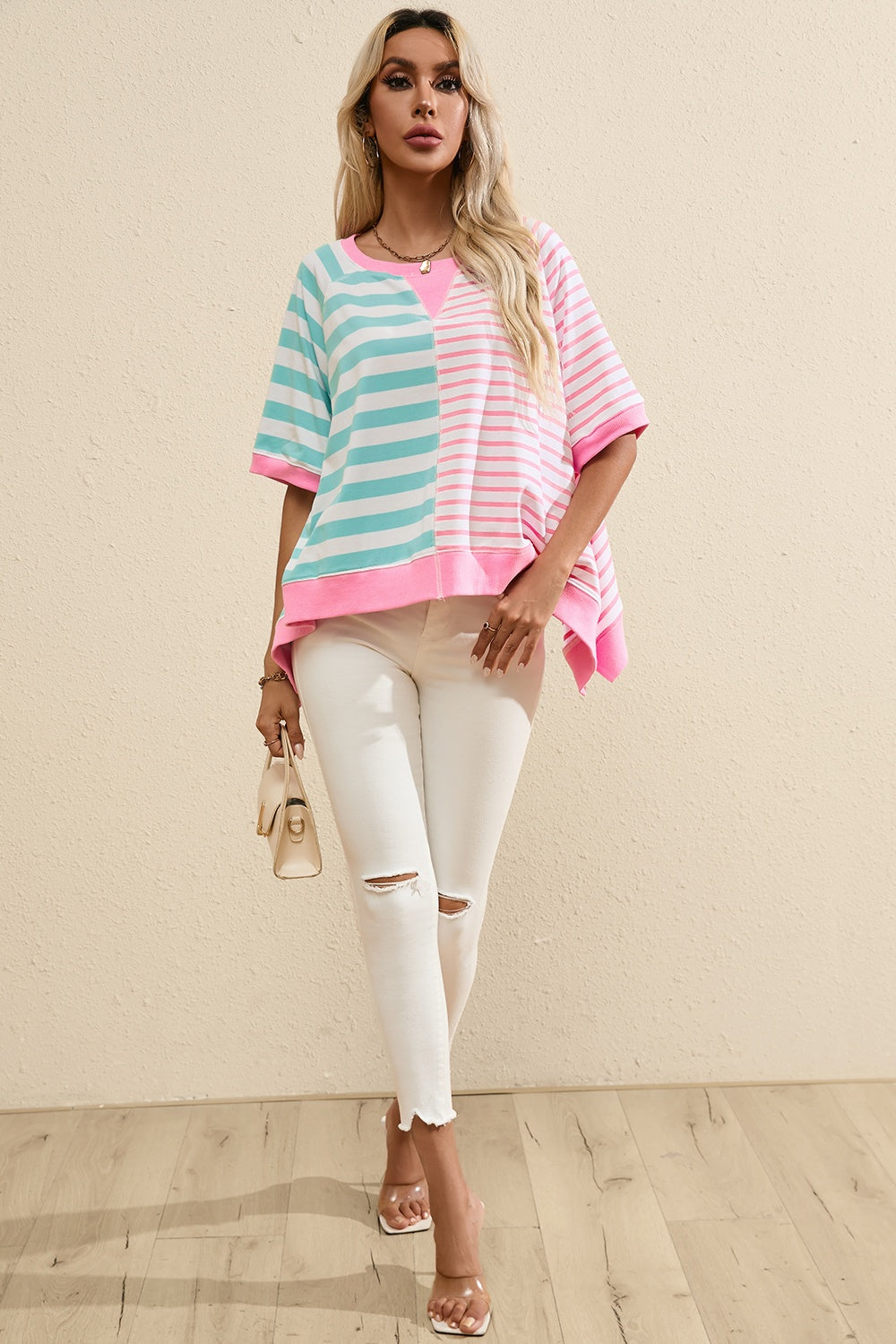 Contrast Striped Round Neck Half Sleeve T-Shirt for Women