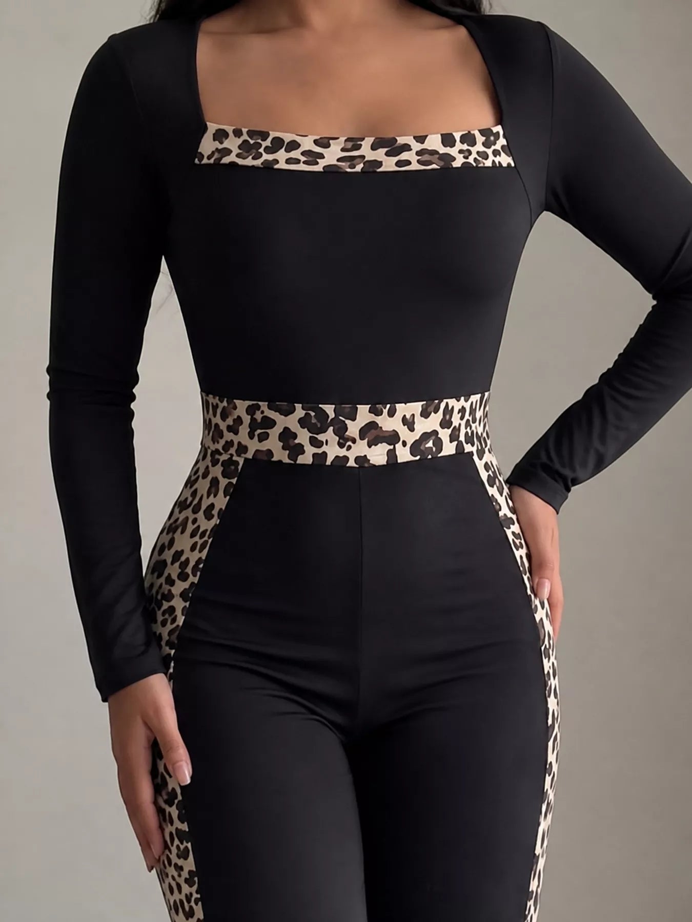 Leopard Trim Long Sleeve Jumpsuit