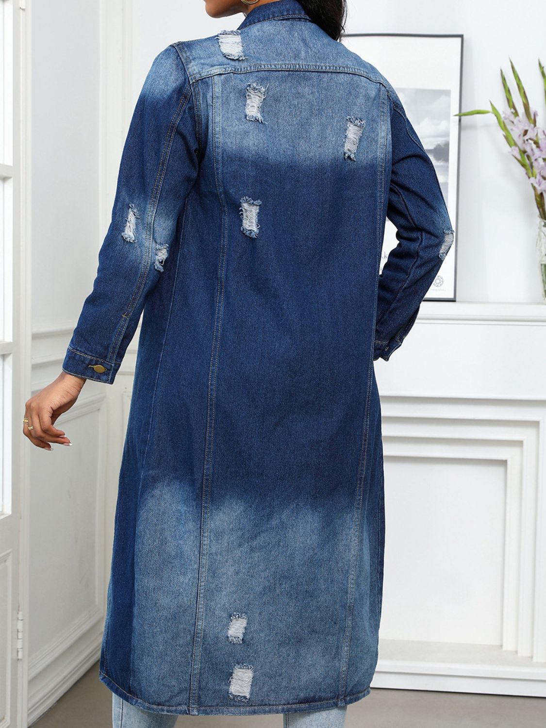 Chic Distressed Denim Button-Up Top with Collared Neck Style
