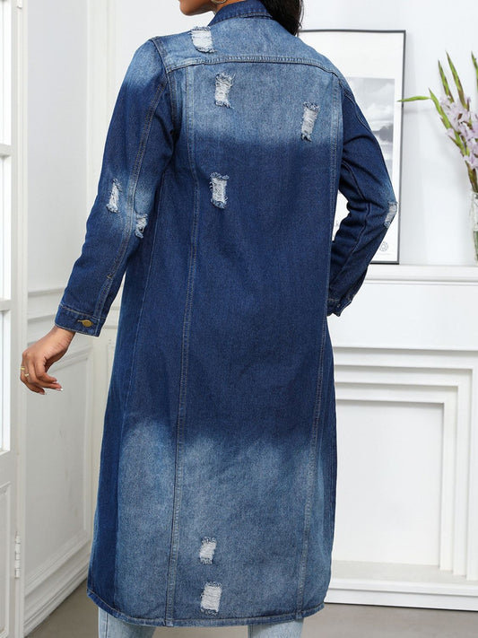 Chic Distressed Denim Button-Up Top with Collared Neck Style