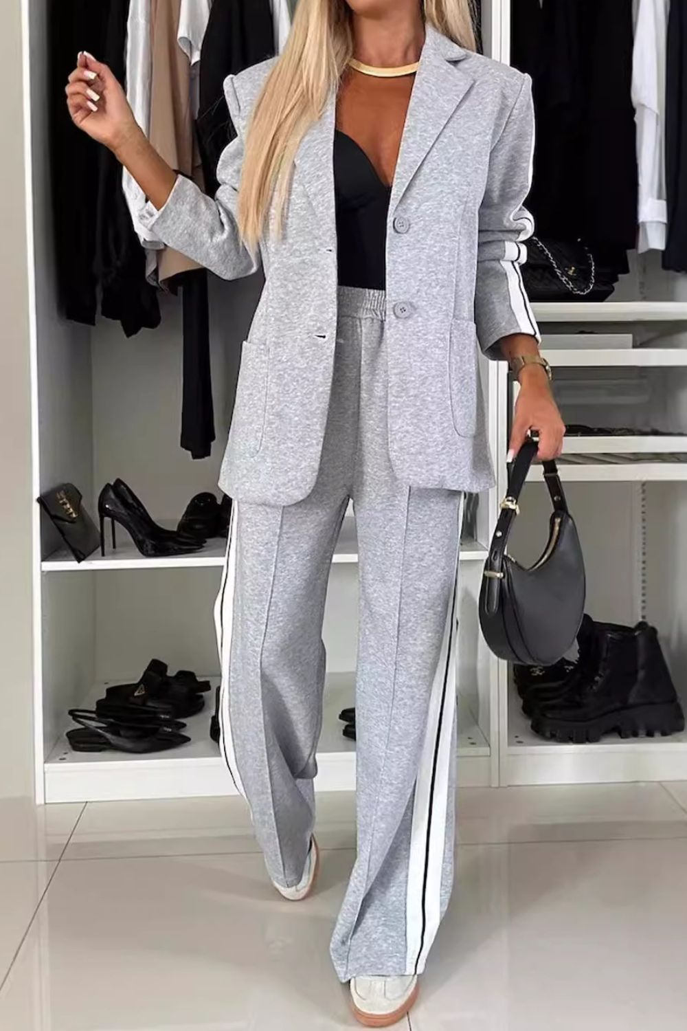 Full Size Contrast Lapel Collar Top and Pants Set for Women