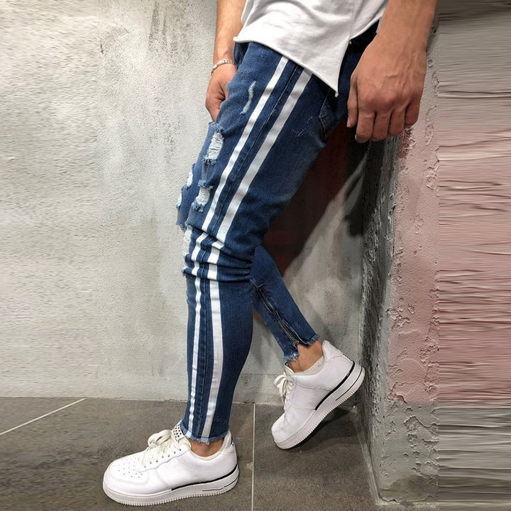 Stylish Striped Distressed Slim Fit Jeans for Men - Urban Fashion Must-Have