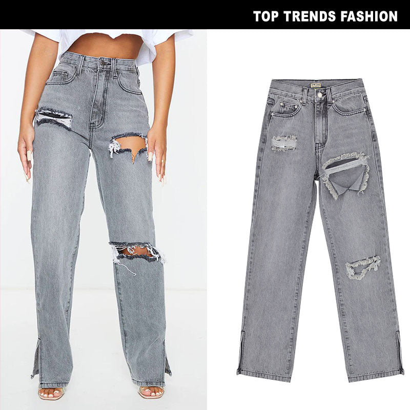 Chic Women's High Waist Sand Gray Flared Denim Trousers