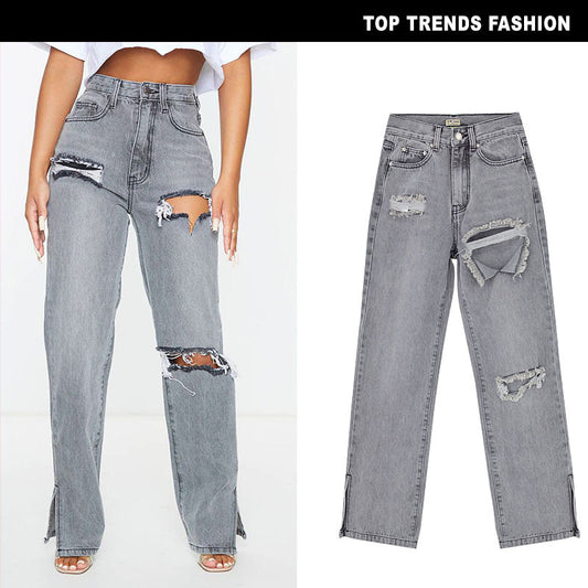 Chic Women's High Waist Sand Gray Flared Denim Trousers