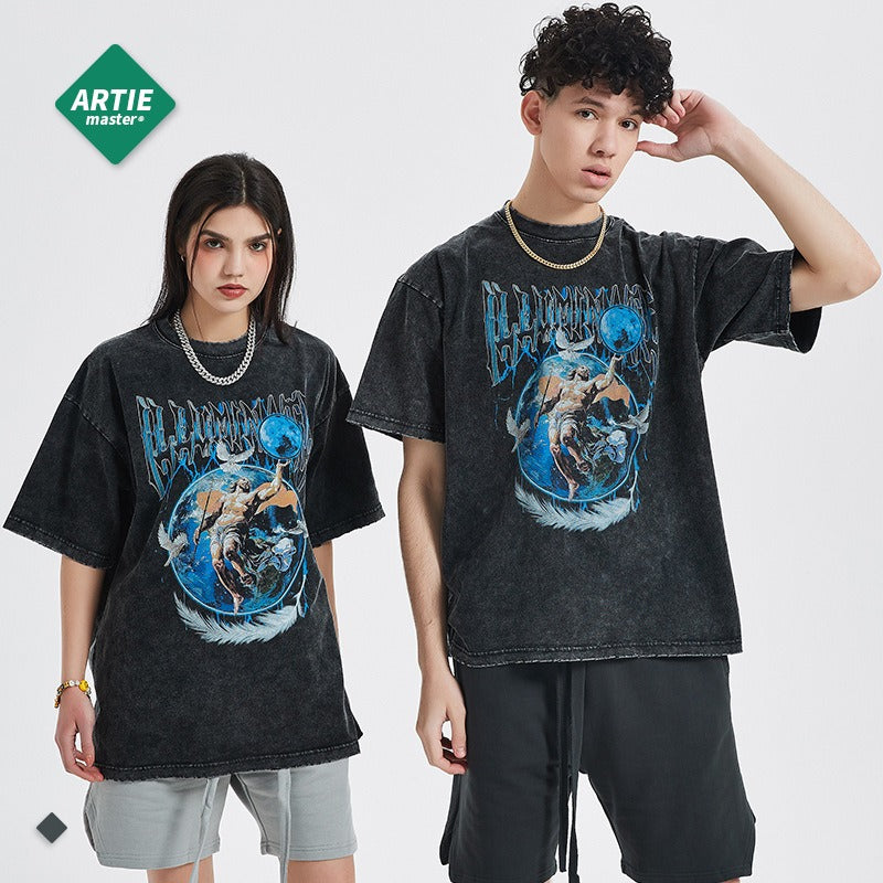 Casual Cartoon Print Oversized Tee with Distressed Sleeves