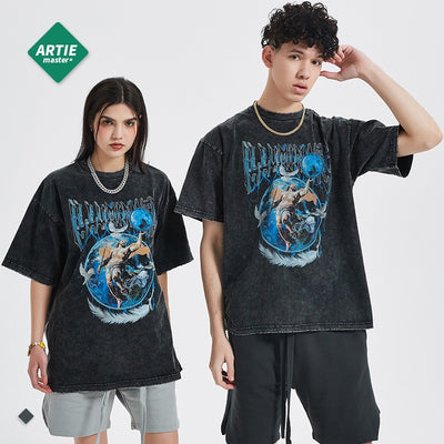 Casual Cartoon Print Oversized Tee with Distressed Sleeves