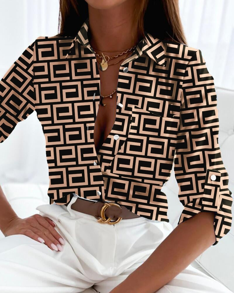 Chic Floral Print Long Sleeve Dacron Blouse for Women
