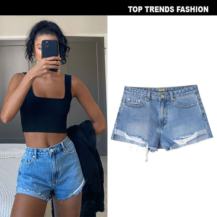 High-Waisted Soft Ripped Denim Shorts with Unique Asymmetrical Hem for Women's Spring and Summer Fashion