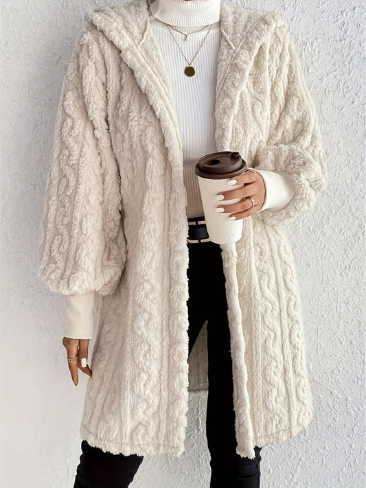 Open Front Long Sleeve Fuzzy Hooded Jacket for Women