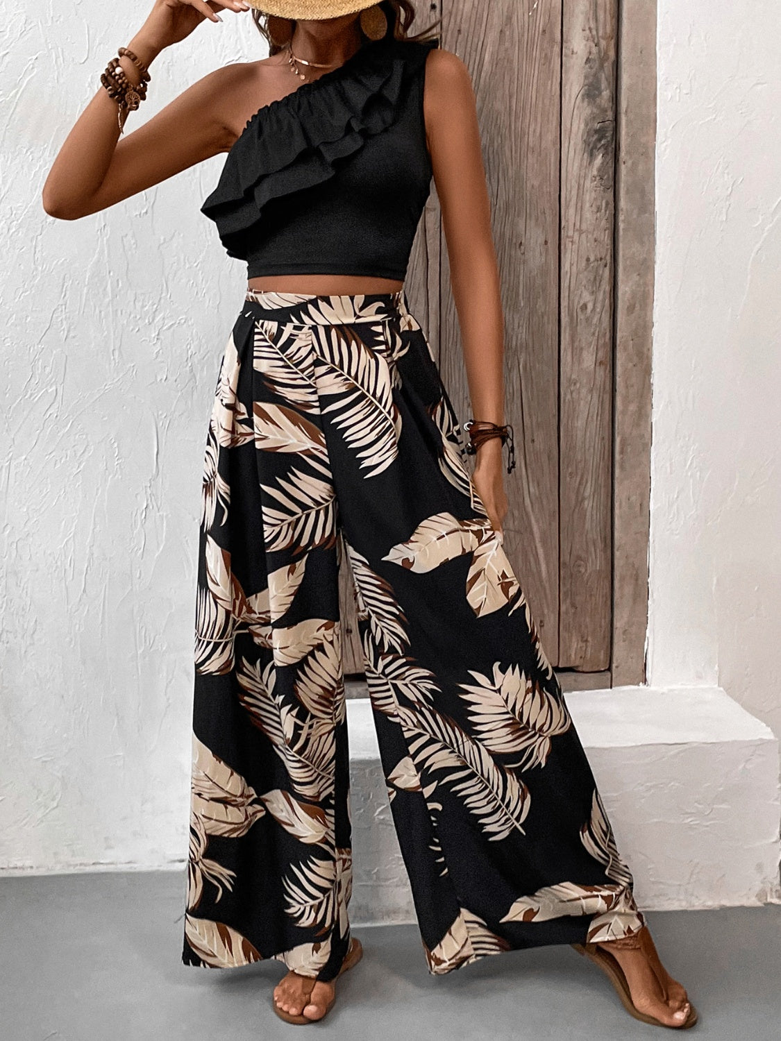 Elegant Ruffle and Print Pant Set for Chic Style