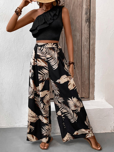 Elegant Ruffle and Print Pant Set for Chic Style