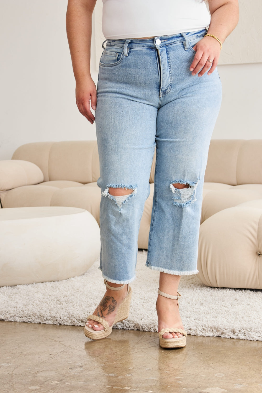 High Waist Distressed Tummy Control Jeans with Raw Hem Finish