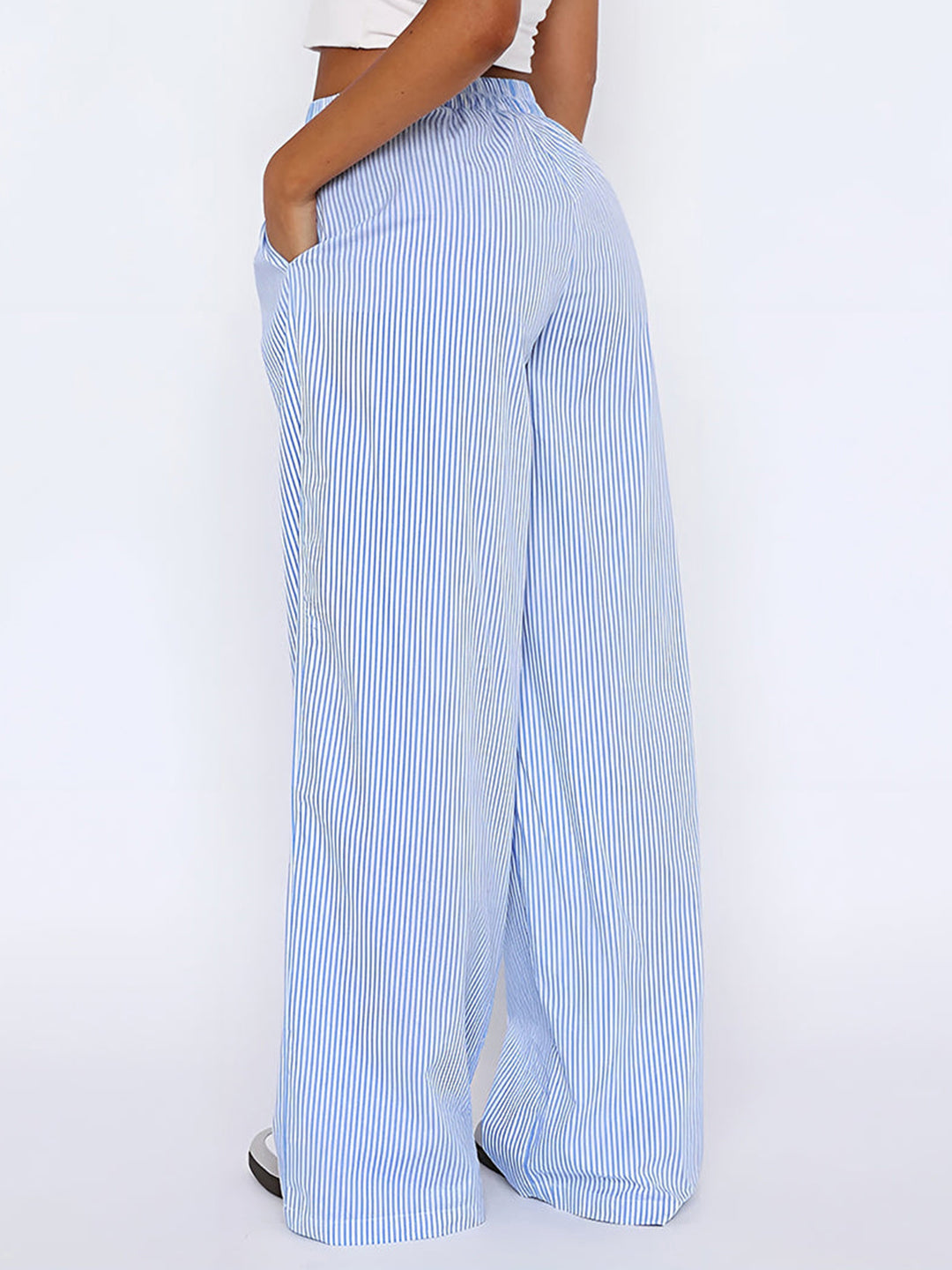 Sheer Elegant Wide-Leg Trousers with Convenient Pockets and Elastic Fit