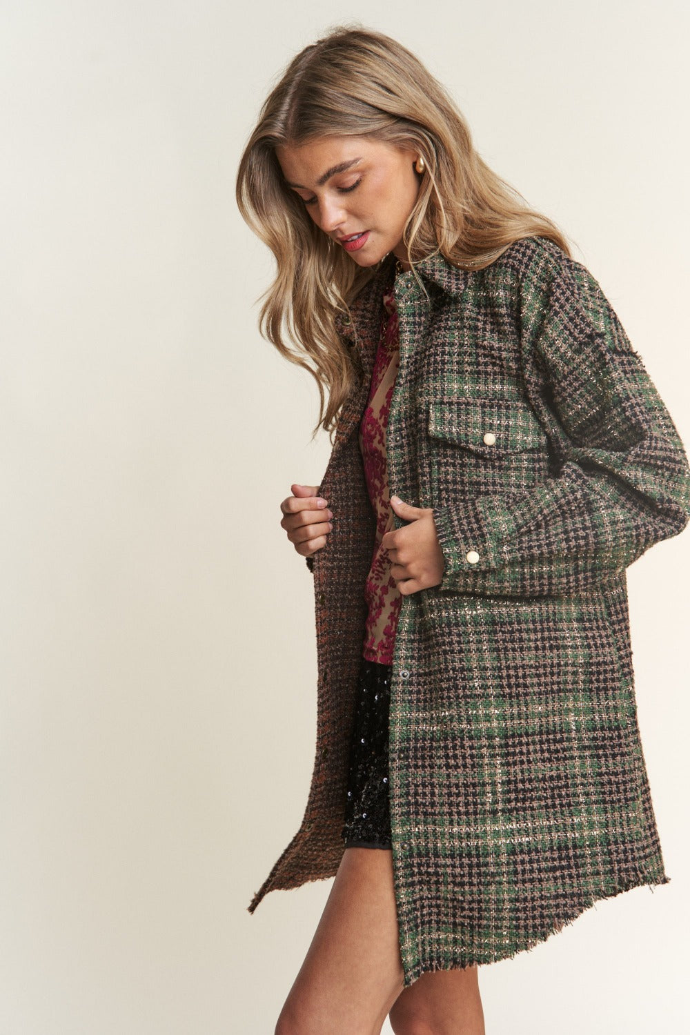 J.NNA Longline Tweed Plaid Shacket with Snap Down Closure