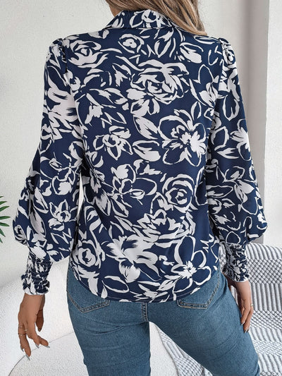 Stylish Printed Lantern Sleeve Button-Up Blouse for Women