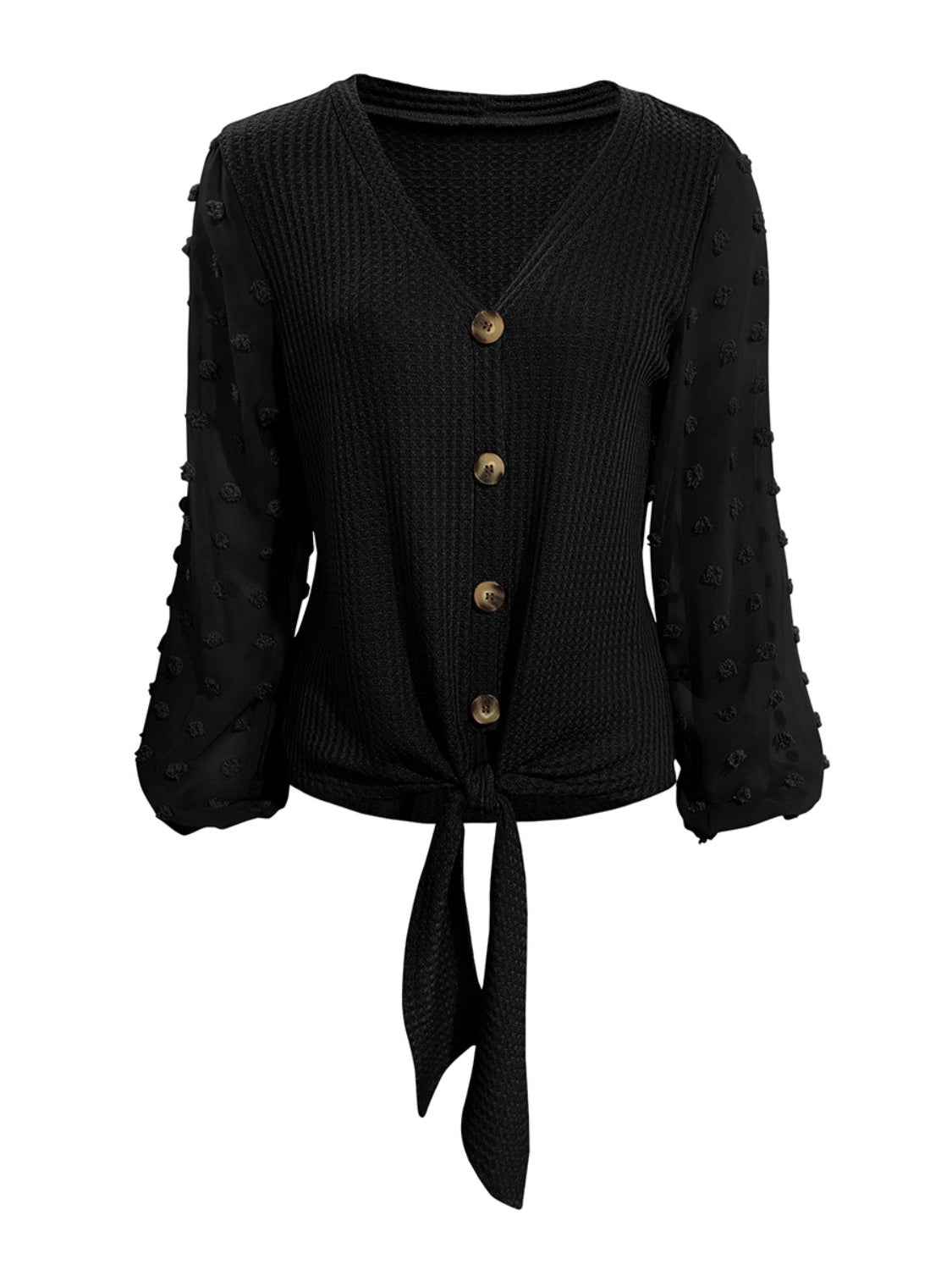 Chic Tied Swiss Dot V-Neck Blouse with Long Sleeves Style
