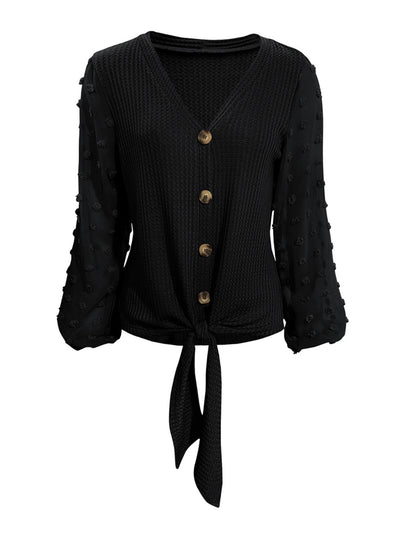 Chic Tied Swiss Dot V-Neck Blouse with Long Sleeves Style