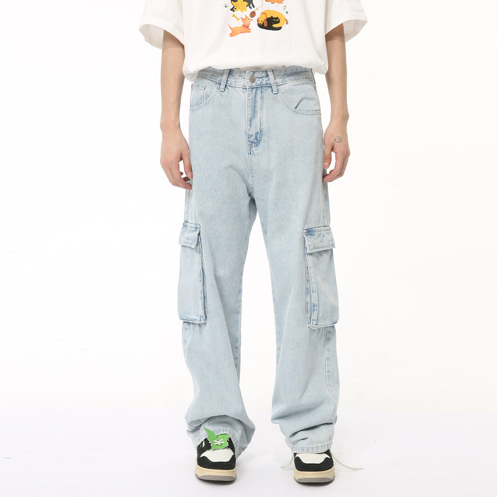 Men's Washed Straight Cargo Jeans for Comfortable Style