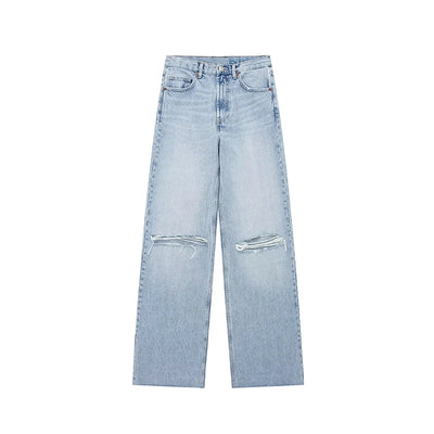 Trendy Women's High-Waisted Wide Leg Denim Jeans Distressed