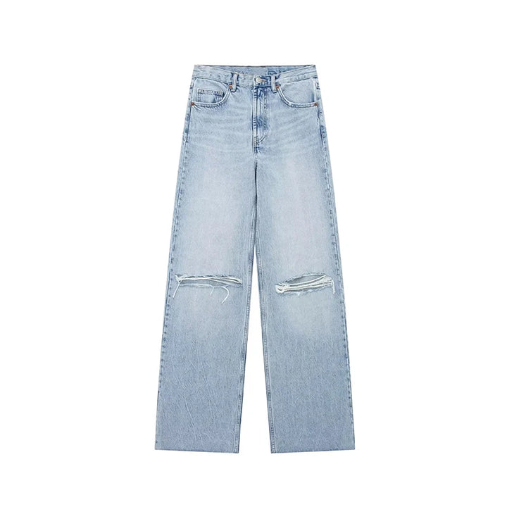 Trendy Women's High-Waisted Wide Leg Denim Jeans with Distressed Holes