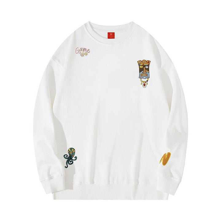 Cultural Charm Cartoon Embroidered Men's Long Sleeve Sweatshirt - Cozy Casual for Fall/Winter