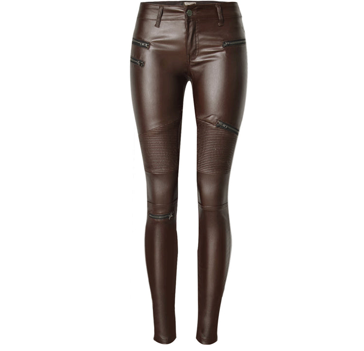 Brown Faux Leather Denim Pencil Pants with Multi-Zip Design and Large Size Options for Motorcycle Enthusiasts