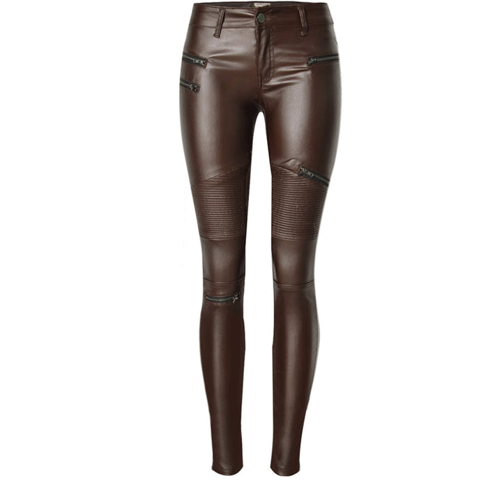 Brown Faux Leather Denim Pencil Pants with Multi-Zip Design and Large Size Options for Motorcycle Enthusiasts