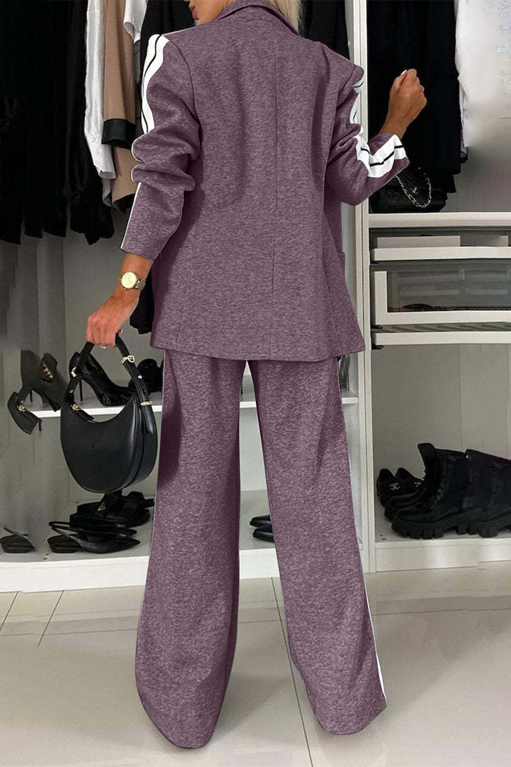 Full Size Contrast Lapel Collar Top and Pants Set for Women