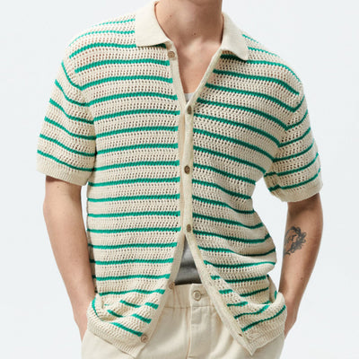 Classic Striped Wool Knit Polo Shirt for Effortless Elegance