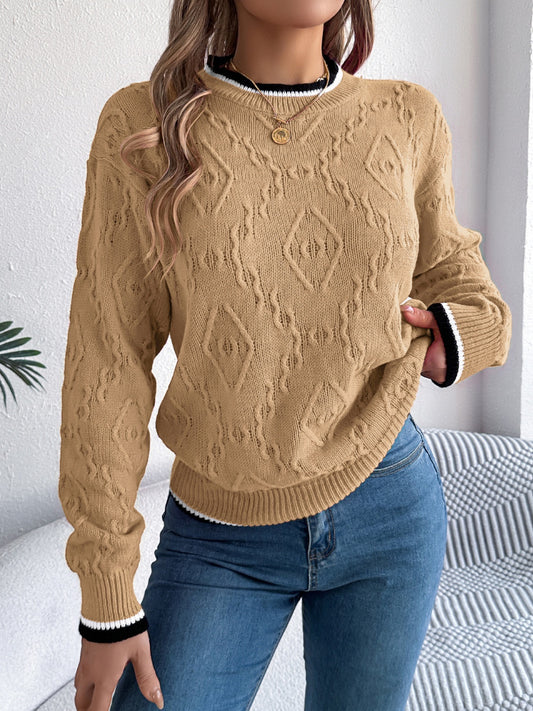 Contrast Trim Round Neck Long Sleeve Sweater for Women