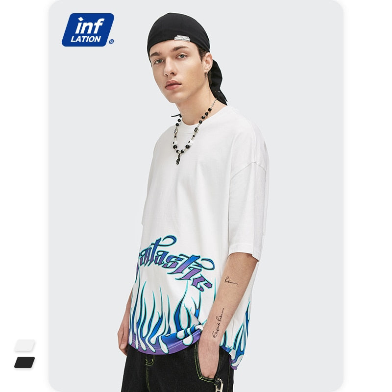 Men's Black Oversized Tee with Bold Flame Print Design