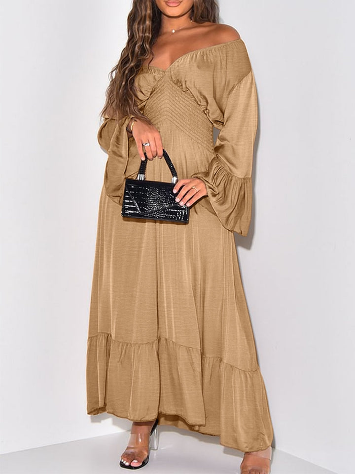 Elegant Ruched Flounce Sleeve Maxi Gown