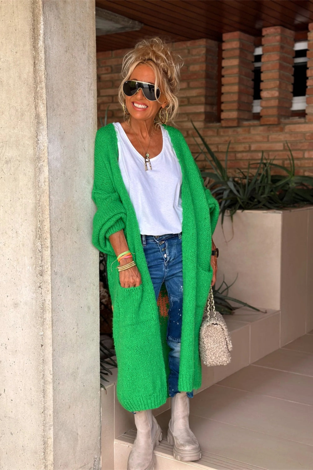 Letter Dropped Shoulder Long Sleeve Cardigan for Women