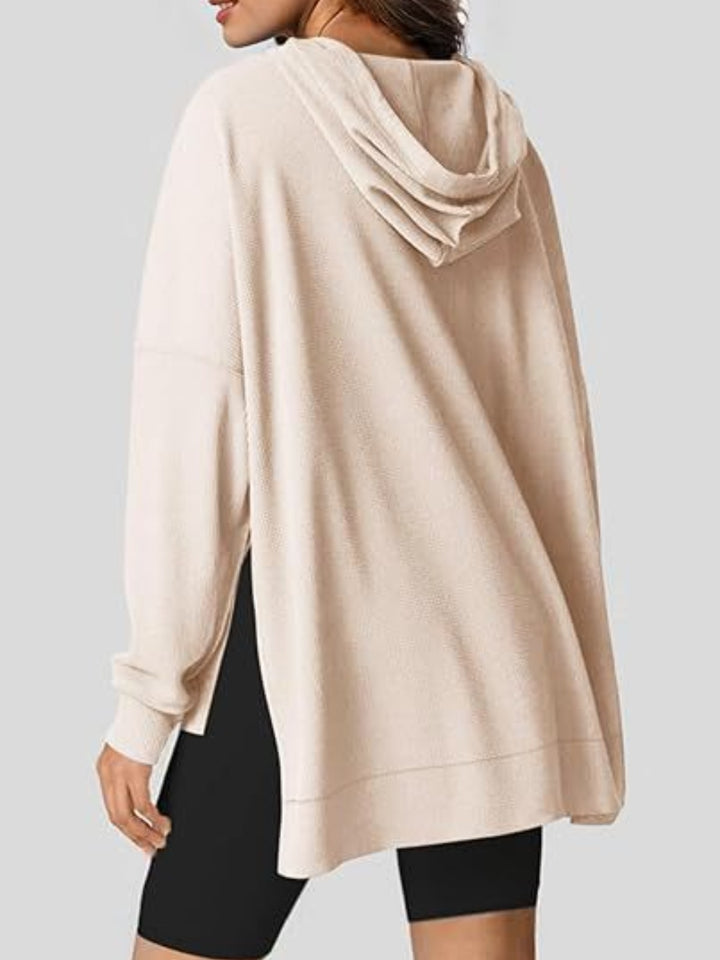 Sheer Slit Hooded Long Sleeve Top with Drawstring