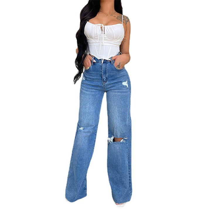 Casual High Waist Wide Leg Denim Jeans for Women - Ripped Plus Size Mom Trousers