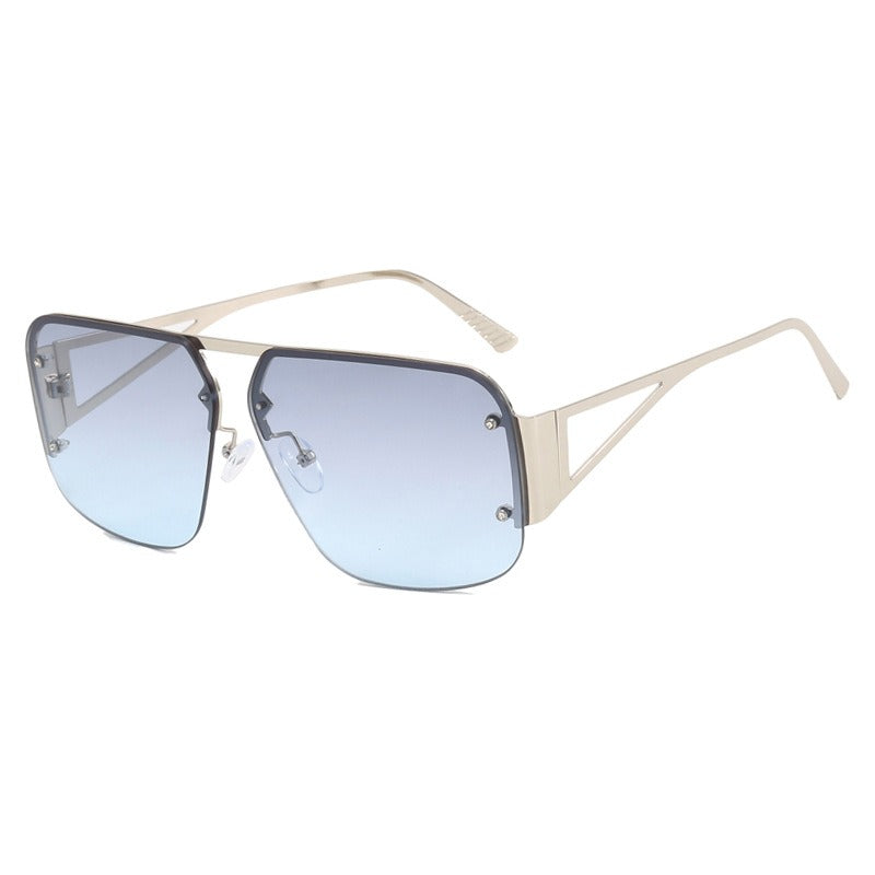 Versatile Half Frame Square Sunglasses with Blue Lenses and Gold Metal Frame