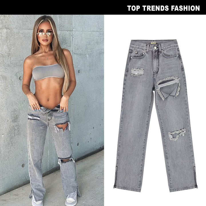 Chic Women's High Waist Sand Gray Flared Denim Trousers with Ripped Details and Foot Slit