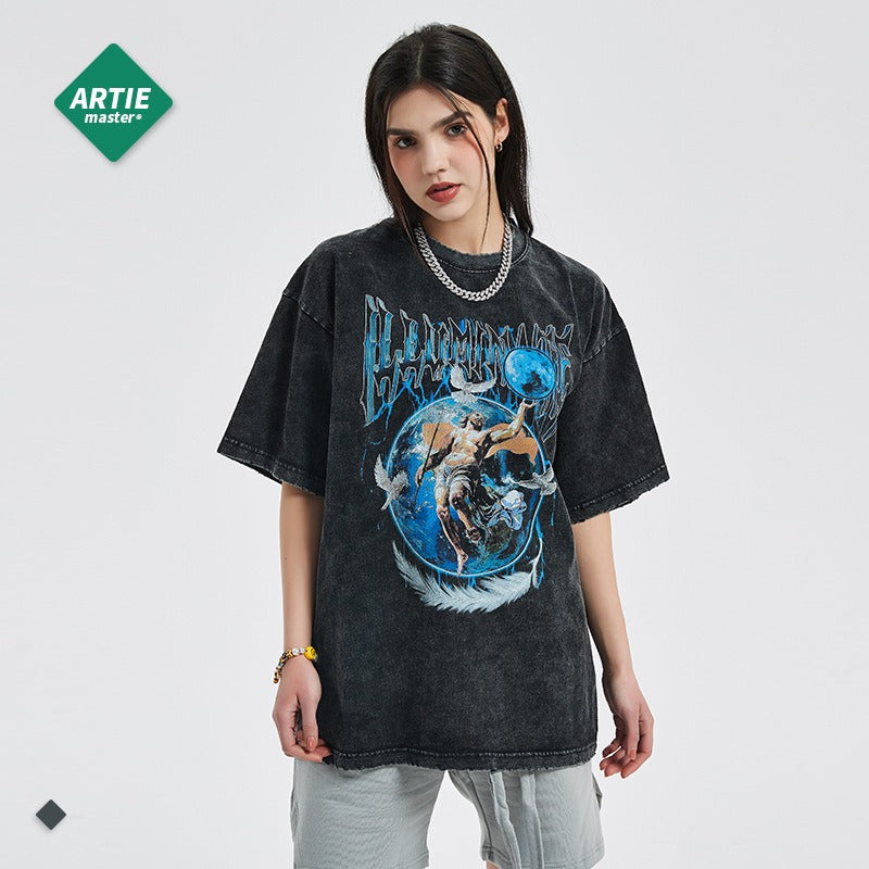 Casual Cartoon Print Oversized Tee with Distressed Sleeves