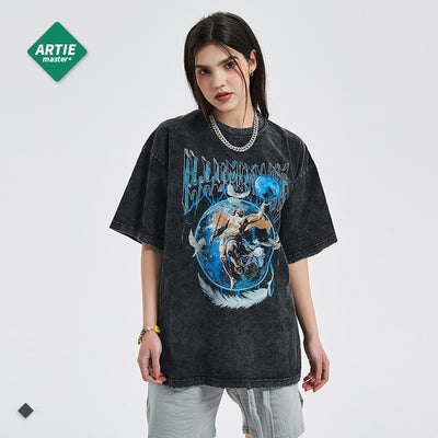 Casual Cartoon Print Oversized Tee with Distressed Sleeves