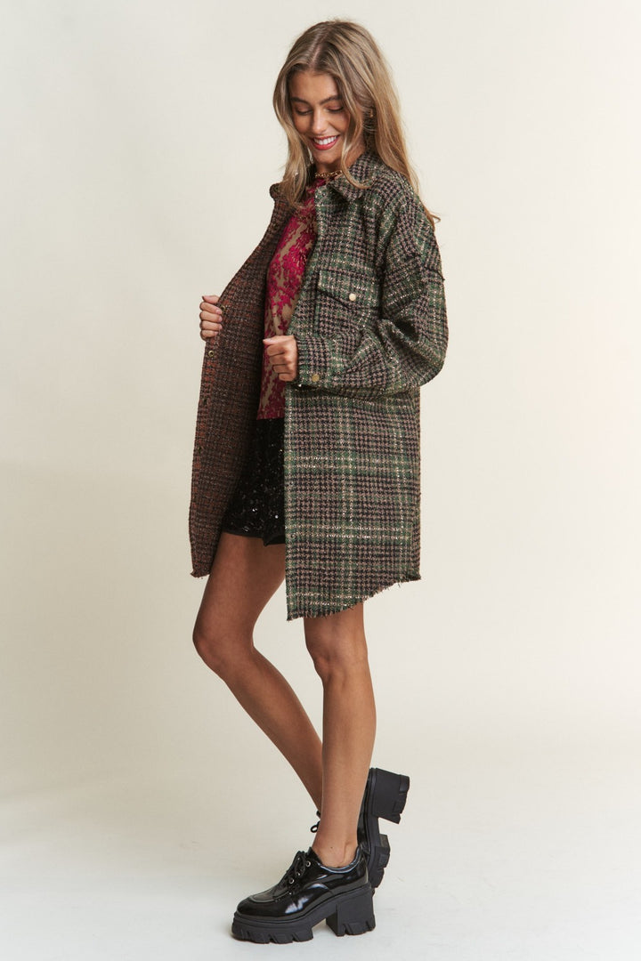 J.NNA Longline Tweed Plaid Shacket with Snap Down Closure