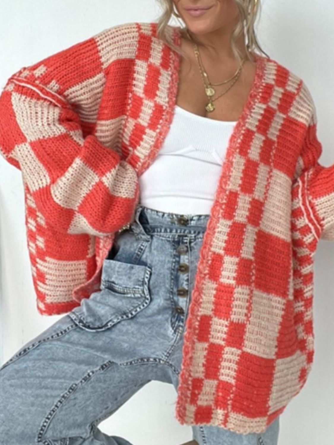 Plaid Open Front Long Sleeve Cardigan for Women Fashion