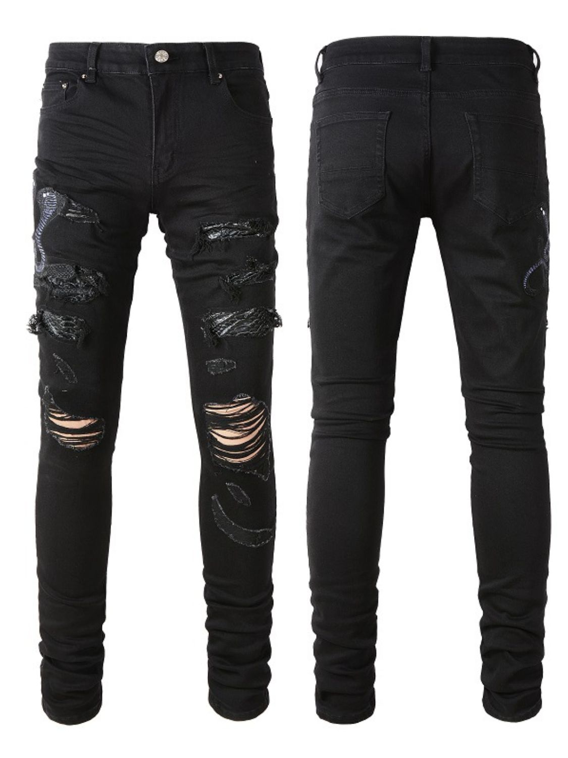 Men's Washed Snake Embroidered Slim Jeans for Casual Wear