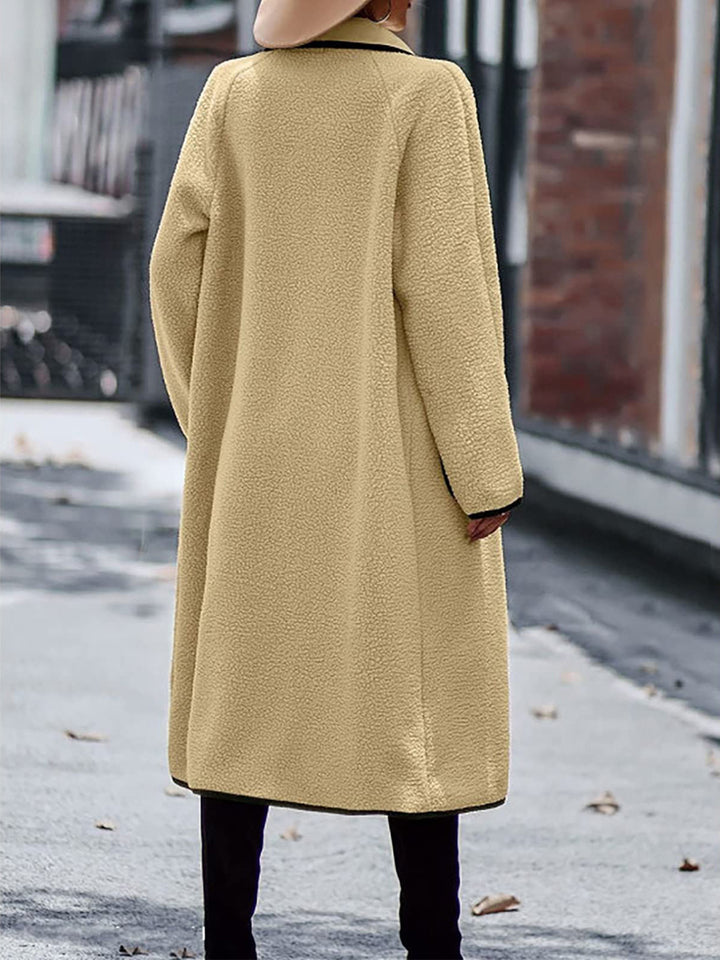 Chic Contrast Trim Long Sleeve Coat with Functional Pockets