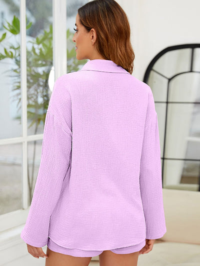 Trendy Button-Up Long Sleeve Top and Shorts Set for Women