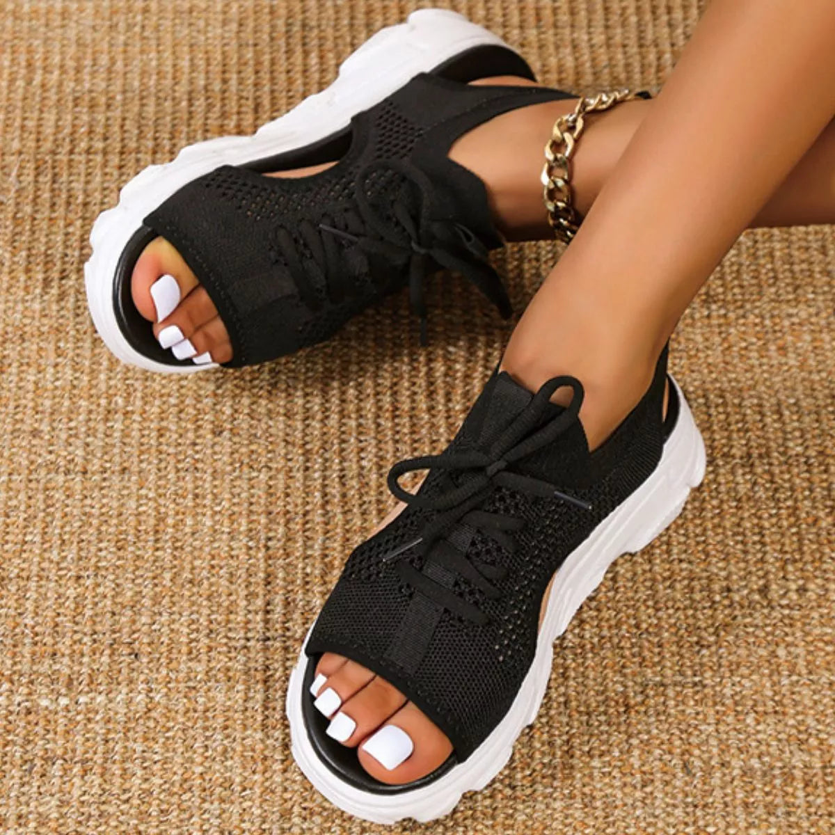Breathable Mesh Lace-Up Platform Sandals