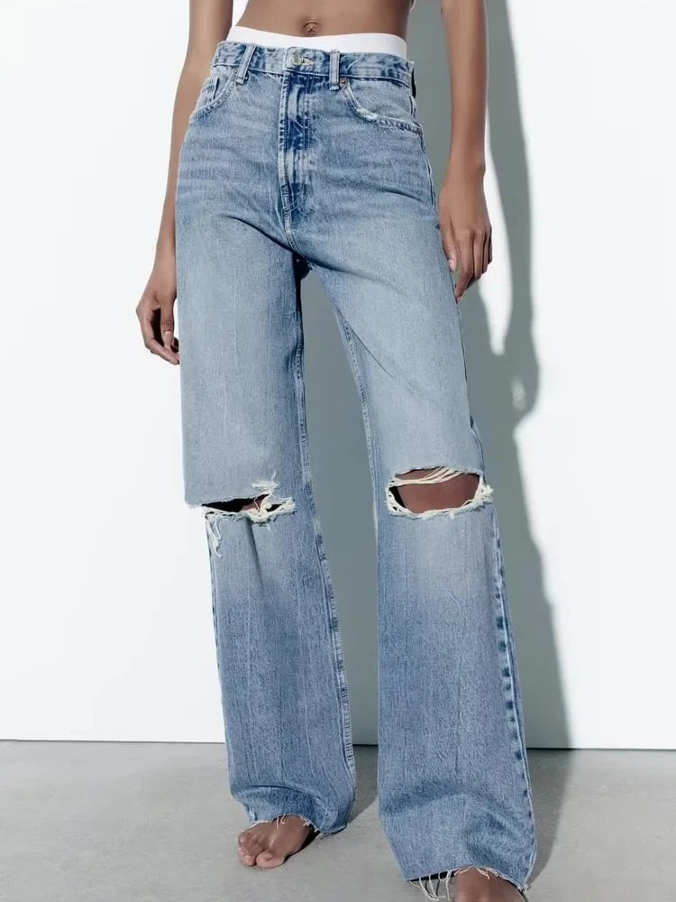 Trendy Women's High-Waisted Wide Leg Denim Jeans with Distressed Holes